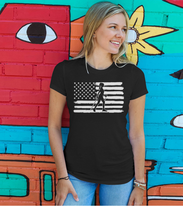 Hiking 4Th Of July USA Flag With Hiker T-Shirt
