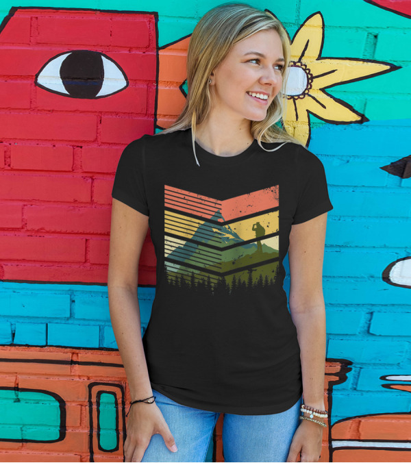 Vintage Mountaineer Hiking Mountain Silhouette Retro Forest Scene T-Shirt