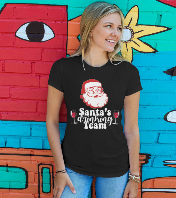 Santa's Drinking Team Festive Fun With Wine Glasses T-Shirt