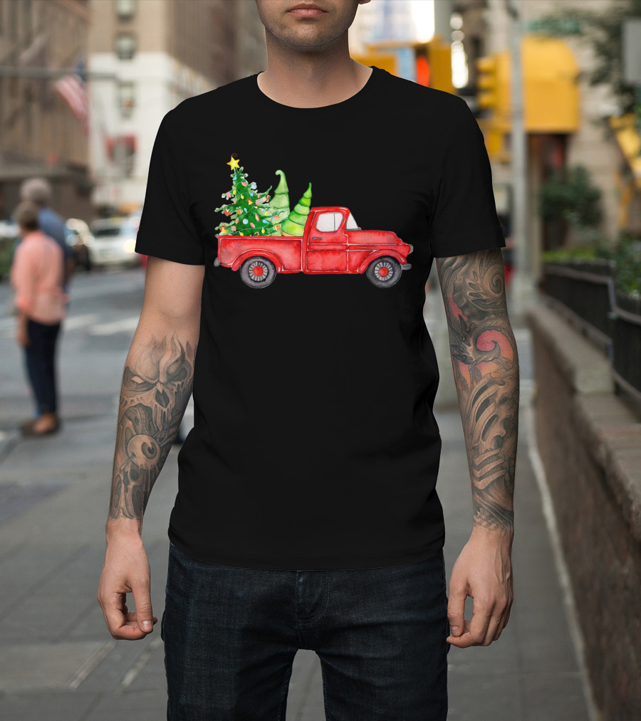 Watercolor Vintage Classic Red Truck with Christmas Tree T-Shirt