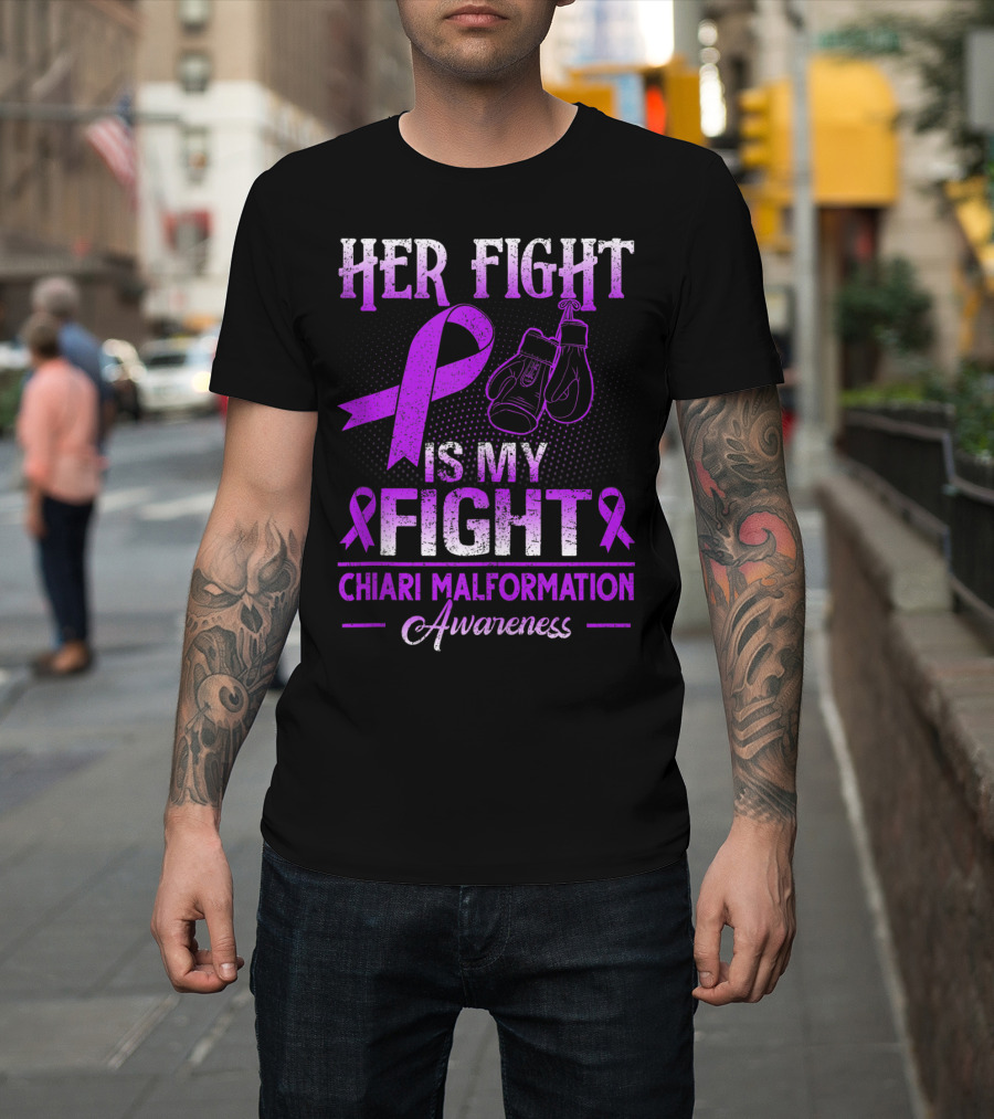 Her Fight Is My Fight Chiari Malformation Awareness Purple Ribbon and Boxing Gloves T-Shirt