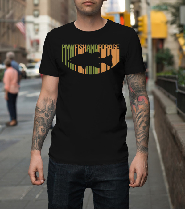 Shirt: PNW Fish and Forage Largemouth Bass Silhouette with Green and Orange Background T-Shirt PNW Fish and Forage Largemouth Bass Silhouette with Green and Orange Background T-Shirt