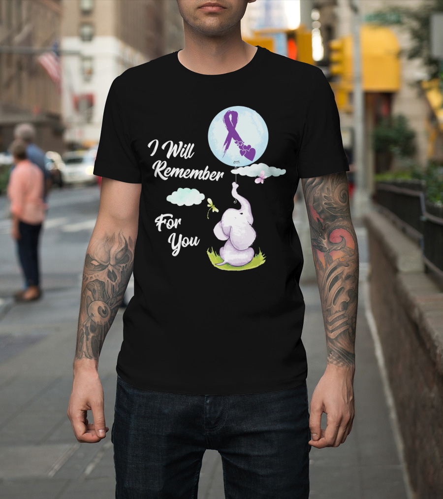 I Will Remember For You Alzheimer's Awareness Elephant Holding Balloon with Purple Ribbon and Hearts T-Shirt
