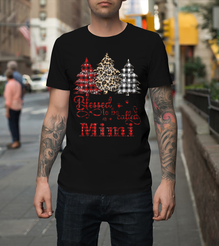 Blessed To Be Called Mimi Leopard Buffalo Plaid Christmas Trees T-Shirt