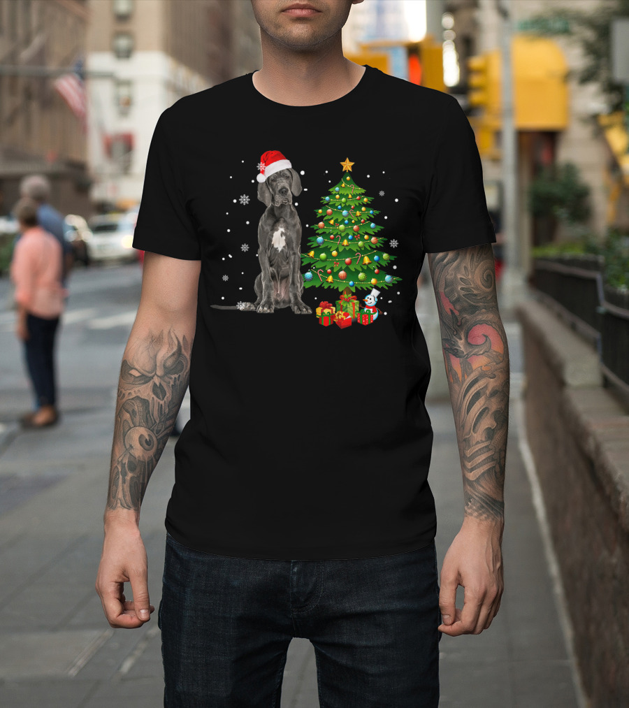 Great Dane Santa Hat with Christmas Tree and Snowflakes T-Shirt