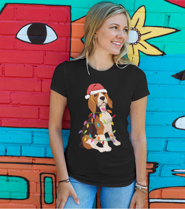 Beagle Dogs Christmas Lights Santa Hat T-Shirt
