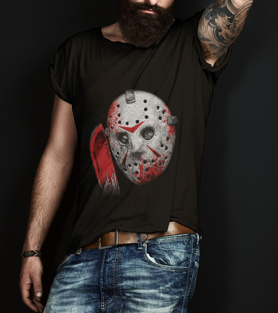 Friday The 13th Movie Jason Voorhees Mask With Bloody Machete Face T-Shirt