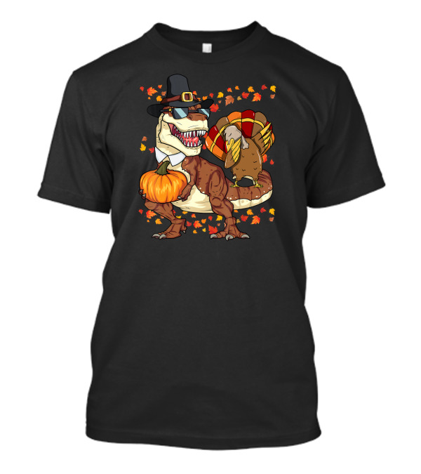 Thanksgiving Dinosaur Turkey With Pilgrim Hat And Pumpkin T-Shirt