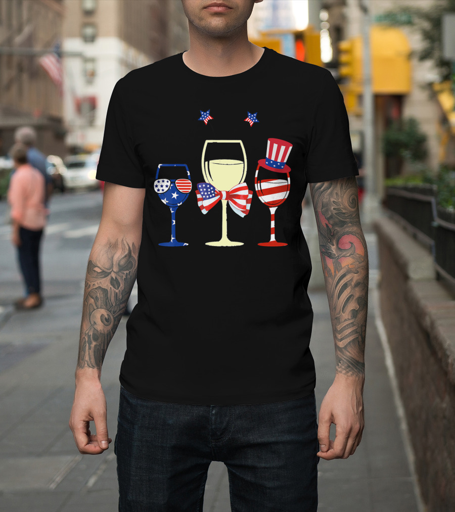 Red White Blue Wine Glasses American Flag Stars Stripes Bow Tie Hat Patriotic T-Shirt