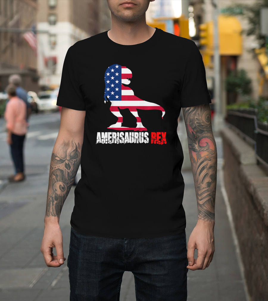Kids Amerisaurus Rex Dinosaur 4th Of July USA Flag T-Shirt