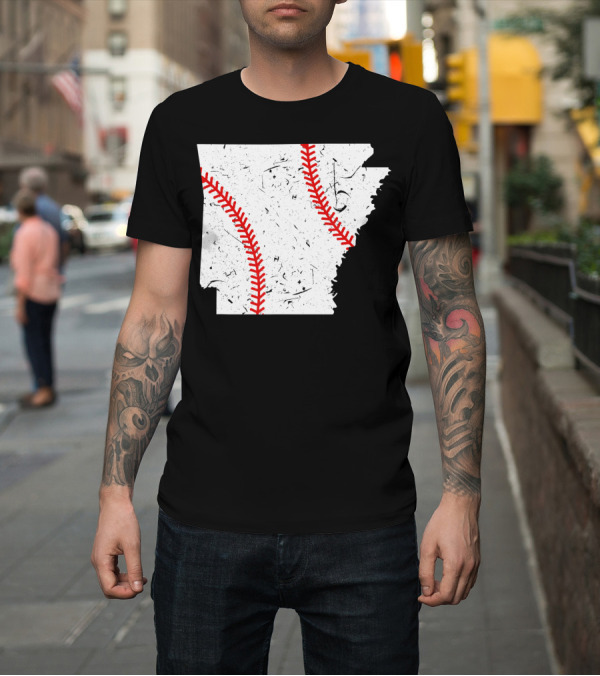 Shirt: Arkansas Baseball State Outline Red Seam T-Shirt Arkansas Baseball State Outline Red Seam T-Shirt