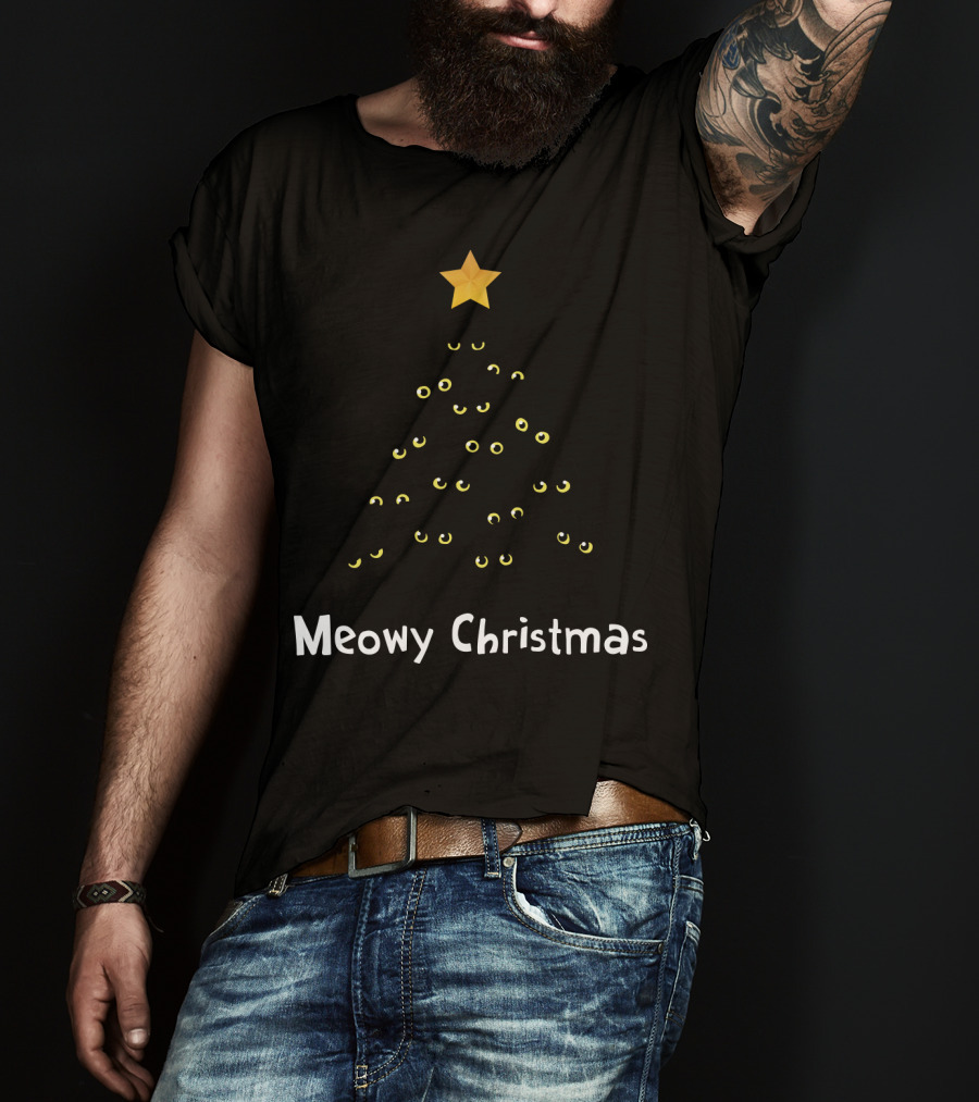 Meowy Christmas Cat Tree With Yellow Eyes And Star Topper T-Shirt