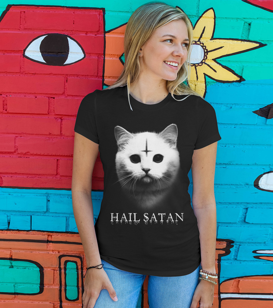 Hail Satan Cat With Inverted Cross T-Shirt
