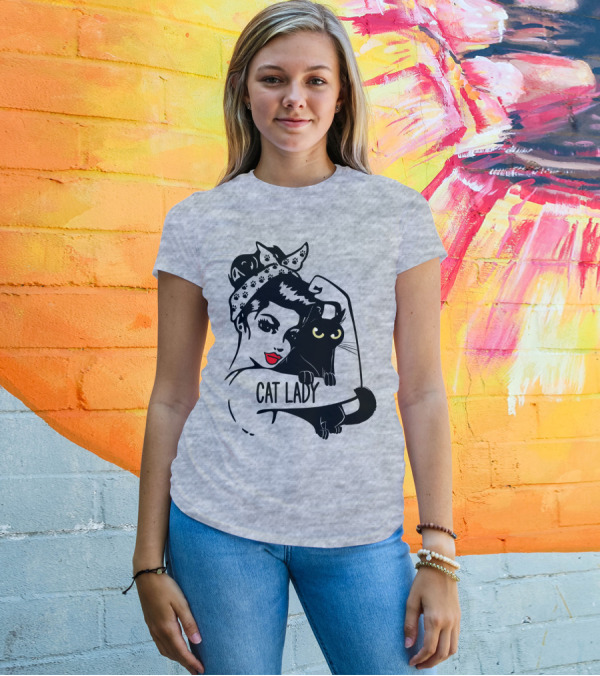 Cat Lady Retro Style With Black Cat And Polka Dot Bandana T-Shirt
