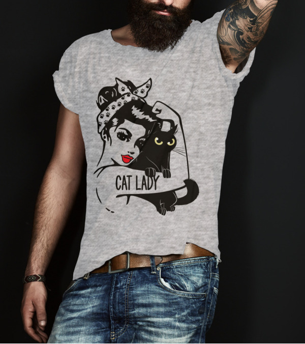 Cat Lady Retro Style With Black Cat And Polka Dot Bandana T-Shirt