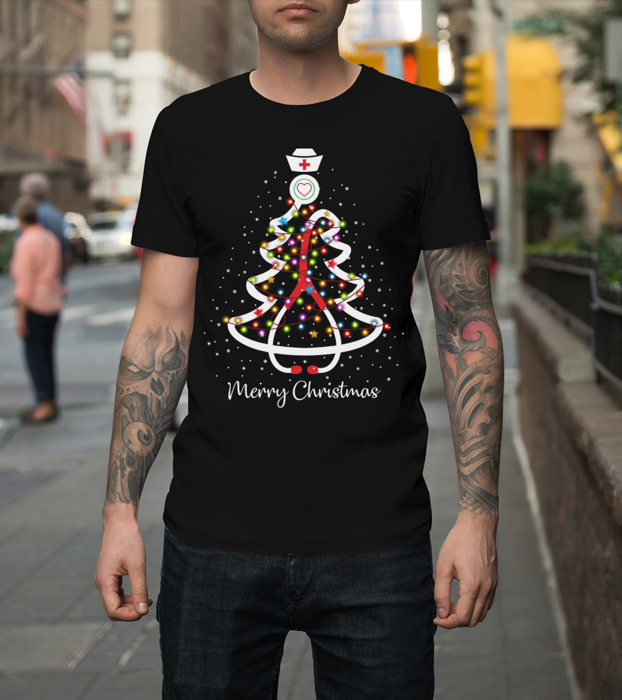 Merry Christmas Nurse Tree With Lights And Red Cross Hat T-Shirt