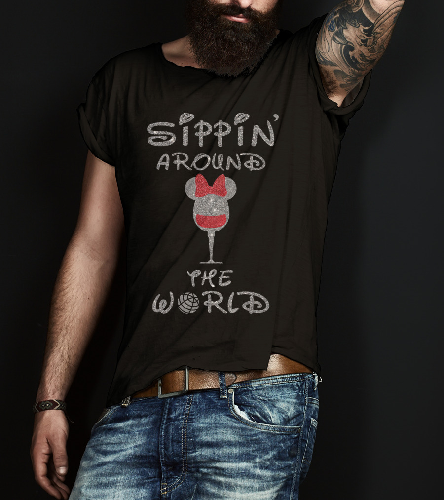 Sippin' Around The World Minnie Wine Glass Disney Epcot Bow T-Shirt