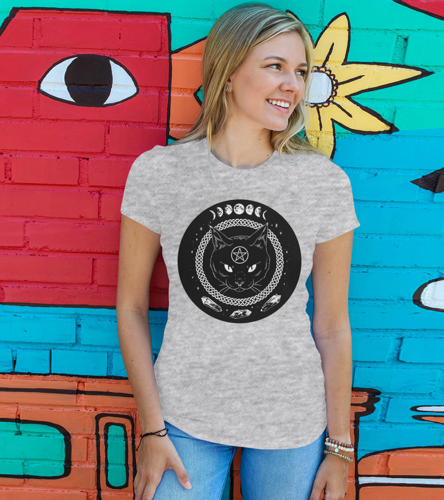 Cat Moon Magic Pentacle Phases Crystals Lunar Cycle T-Shirt