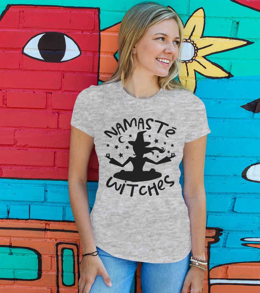 Namaste Witches Silhouette With Hat And Stars T-Shirt