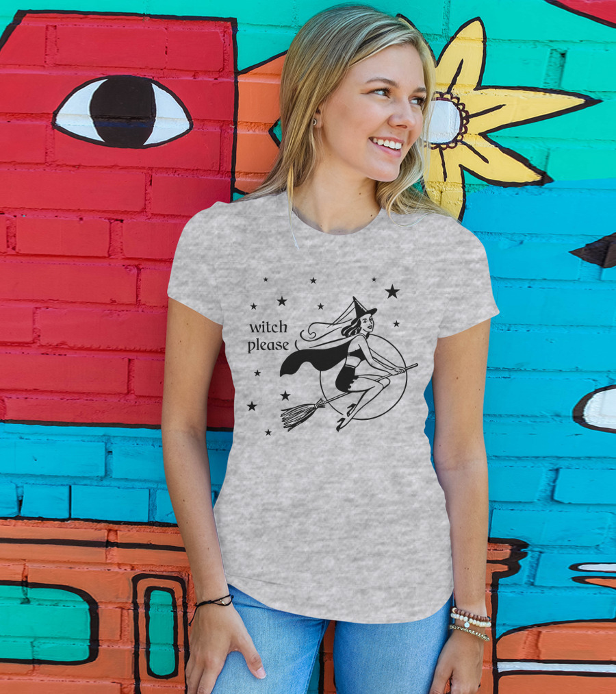 Witch Please Vintage Flying Witch Broomstick Moon Stars T-Shirt