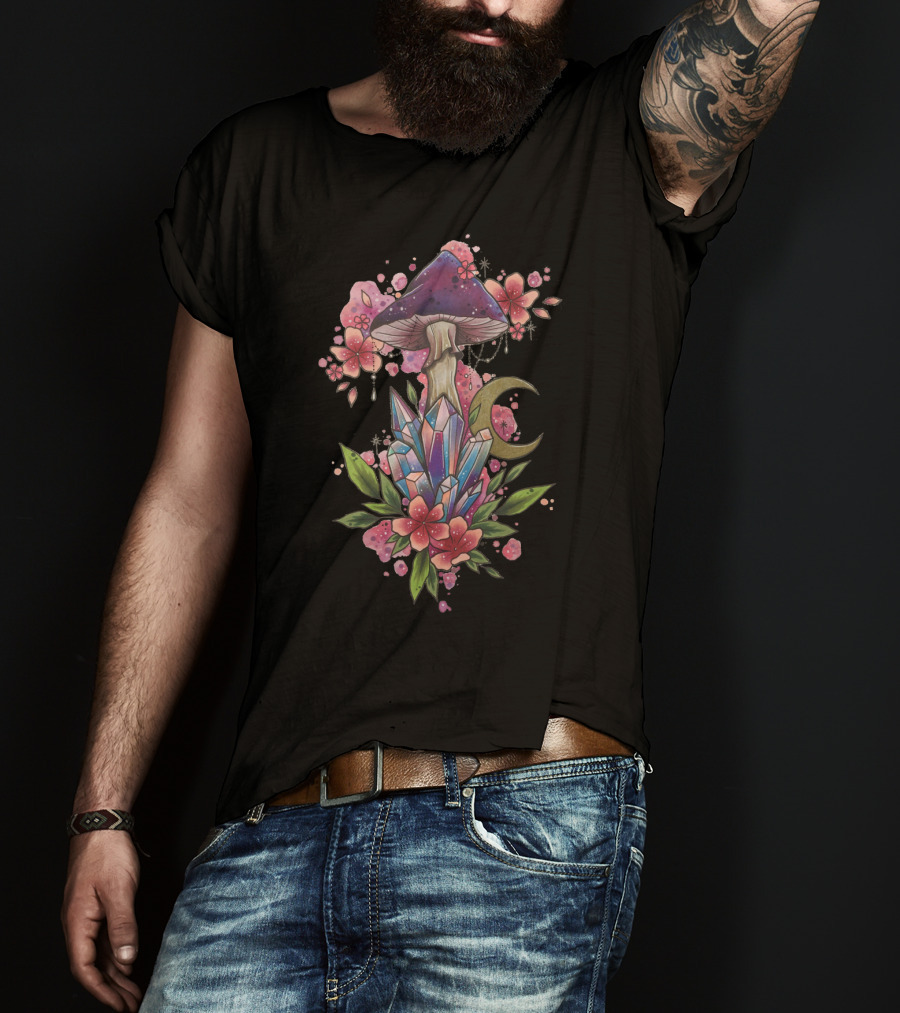Mushroom Magic Crystal Moon Blossoms With Celestial Floral Accents T-Shirt