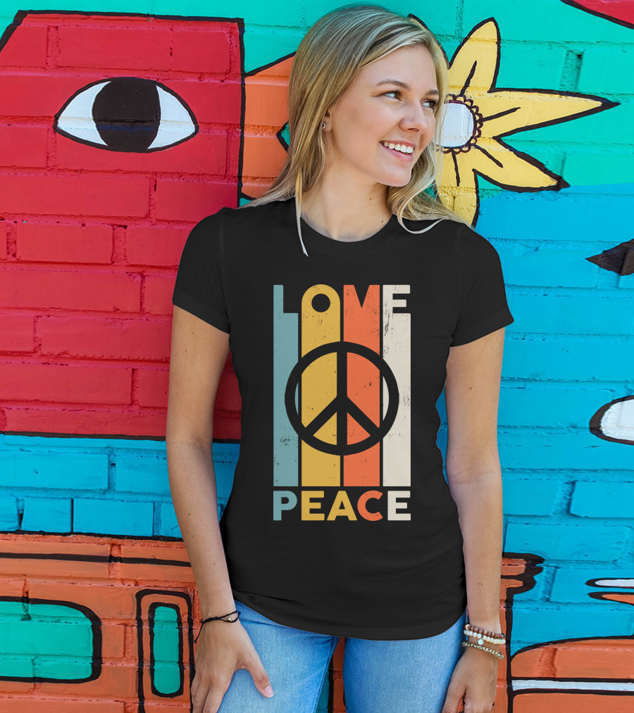 LOVE Peace Sign Vintage Stripes T-Shirt