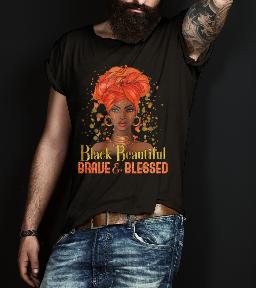 Black Beautiful Brave And Blessed African Woman With Orange Headwrap T-Shirt