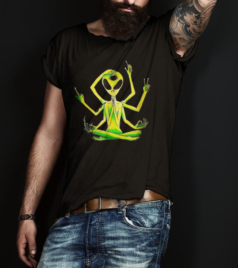 Alien Third Eye Meditation Yoga Pose With Multiple Arms T-Shirt