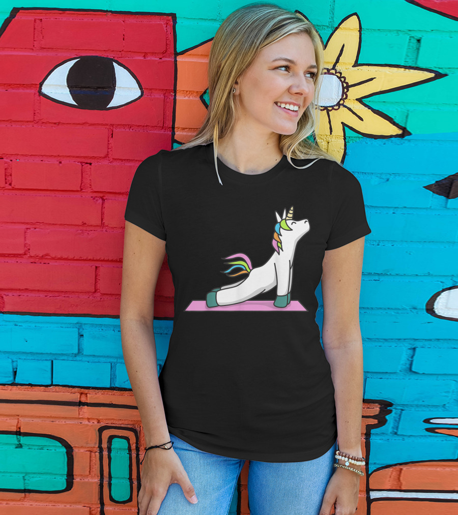 Cute Yoga Unicorn Meditation Fitness Pose With Rainbow Mane T-Shirt