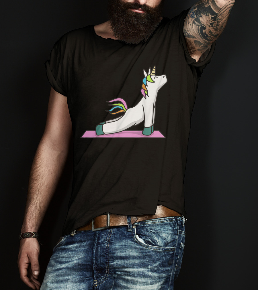 Cute Yoga Unicorn Meditation Fitness Pose With Rainbow Mane T-Shirt