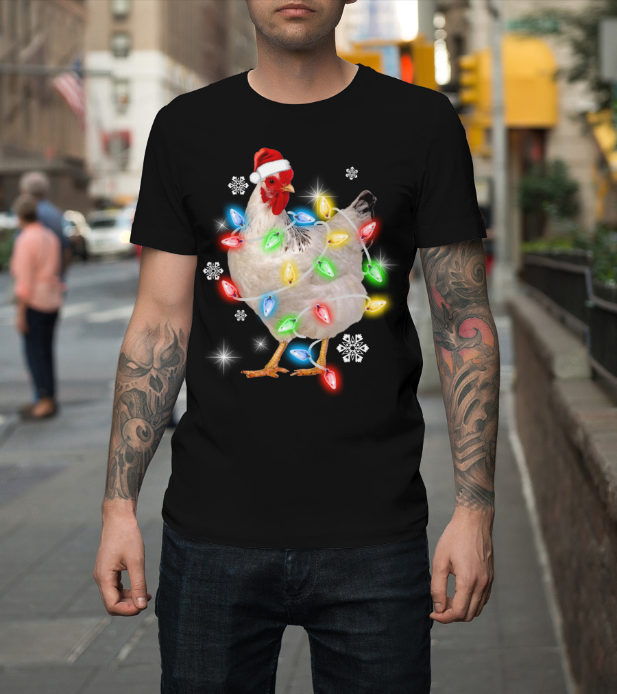 Chicken Noel Christmas Lights Santa Hat Snowflakes T-Shirt