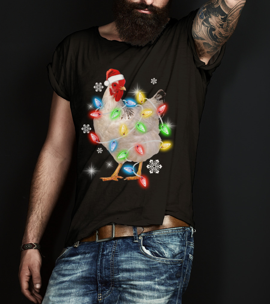 Chicken Noel Christmas Lights Santa Hat Snowflakes T-Shirt