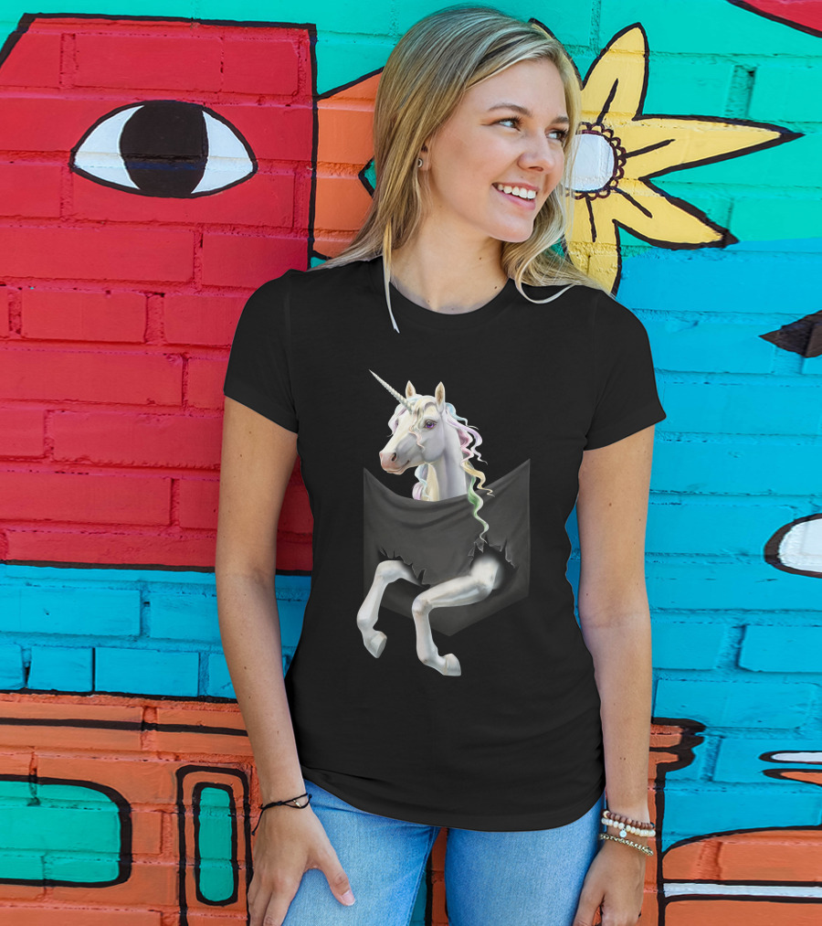 Unicorn Peeking From Torn Pocket T-Shirt