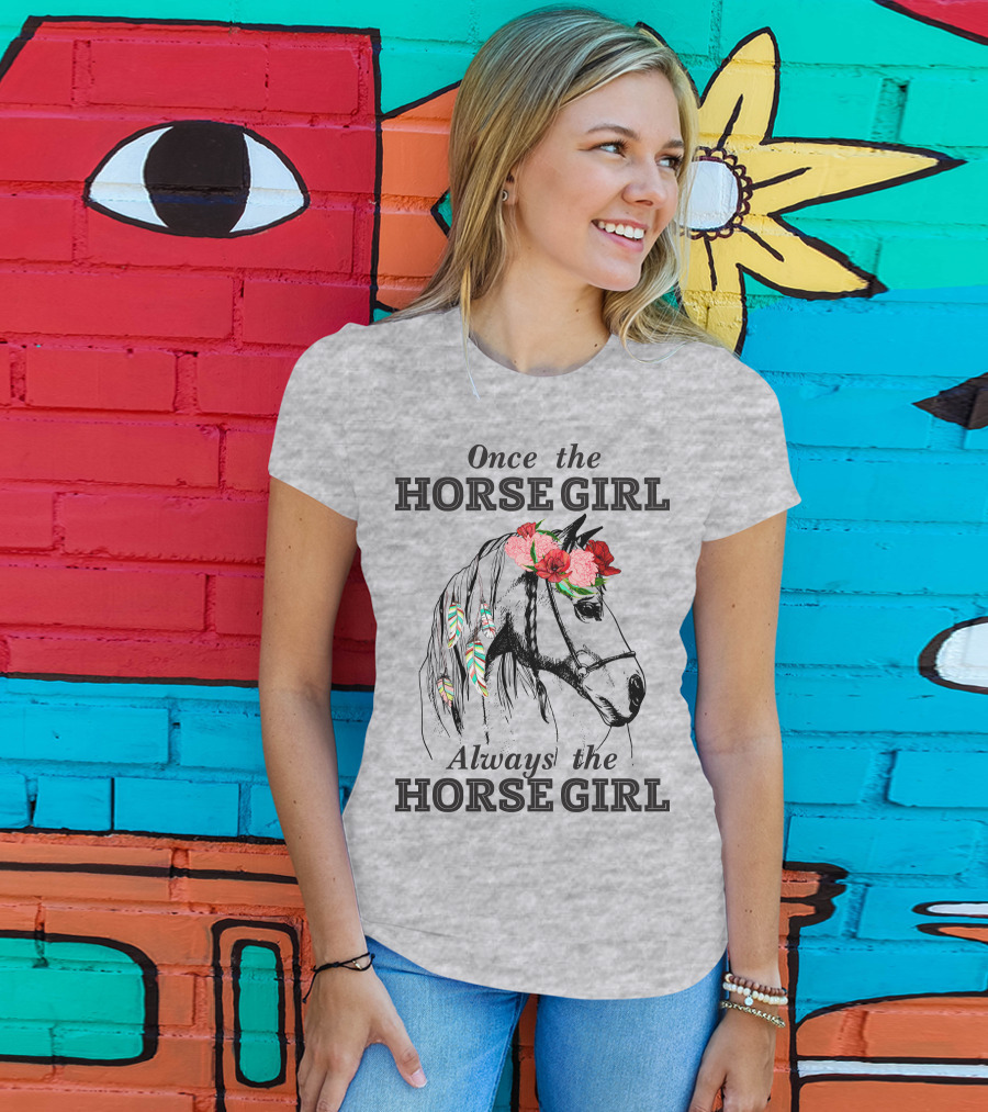 Once The HORSE GIRL Always The HORSE GIRL Floral Feather Adorned Horse T-Shirt