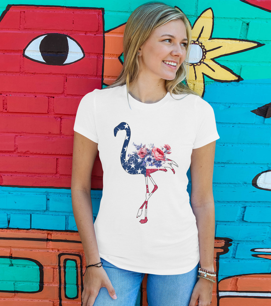 Flamingo American Flag Stars And Stripes With Floral T-Shirt