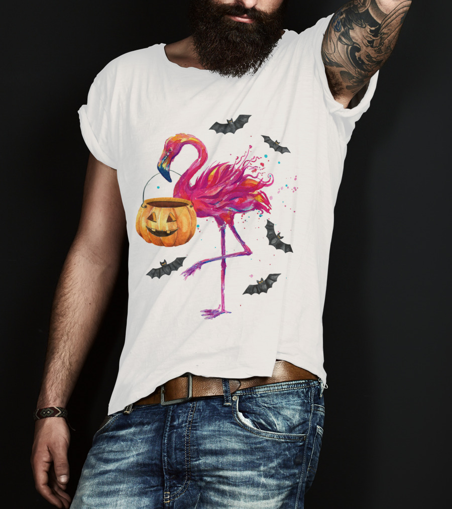 Flamingo With Halloween Pumpkin And Flying Bats T-Shirt