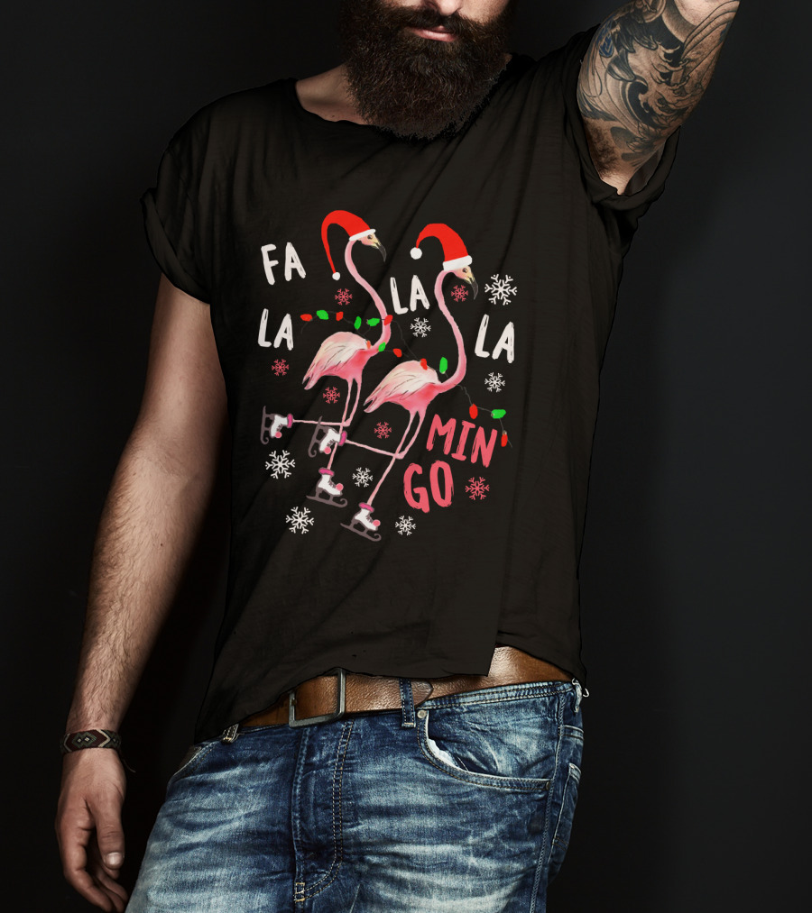 Fa La La La Mingo Christmas Flamingo Santa Hats And Ice Skates T-Shirt