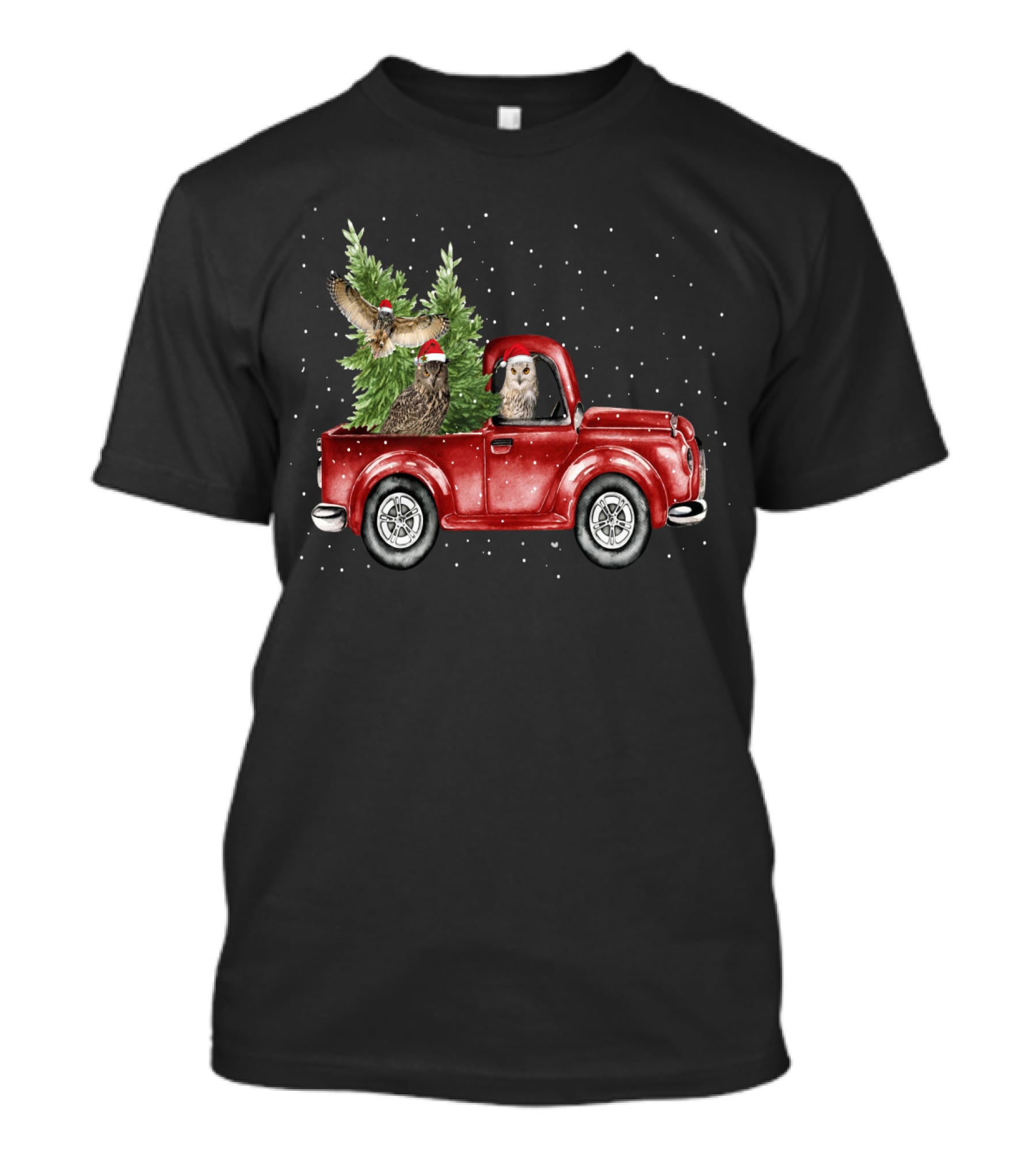 Owl Christmas Red Truck With Santa Hats And Tree T-Shirt