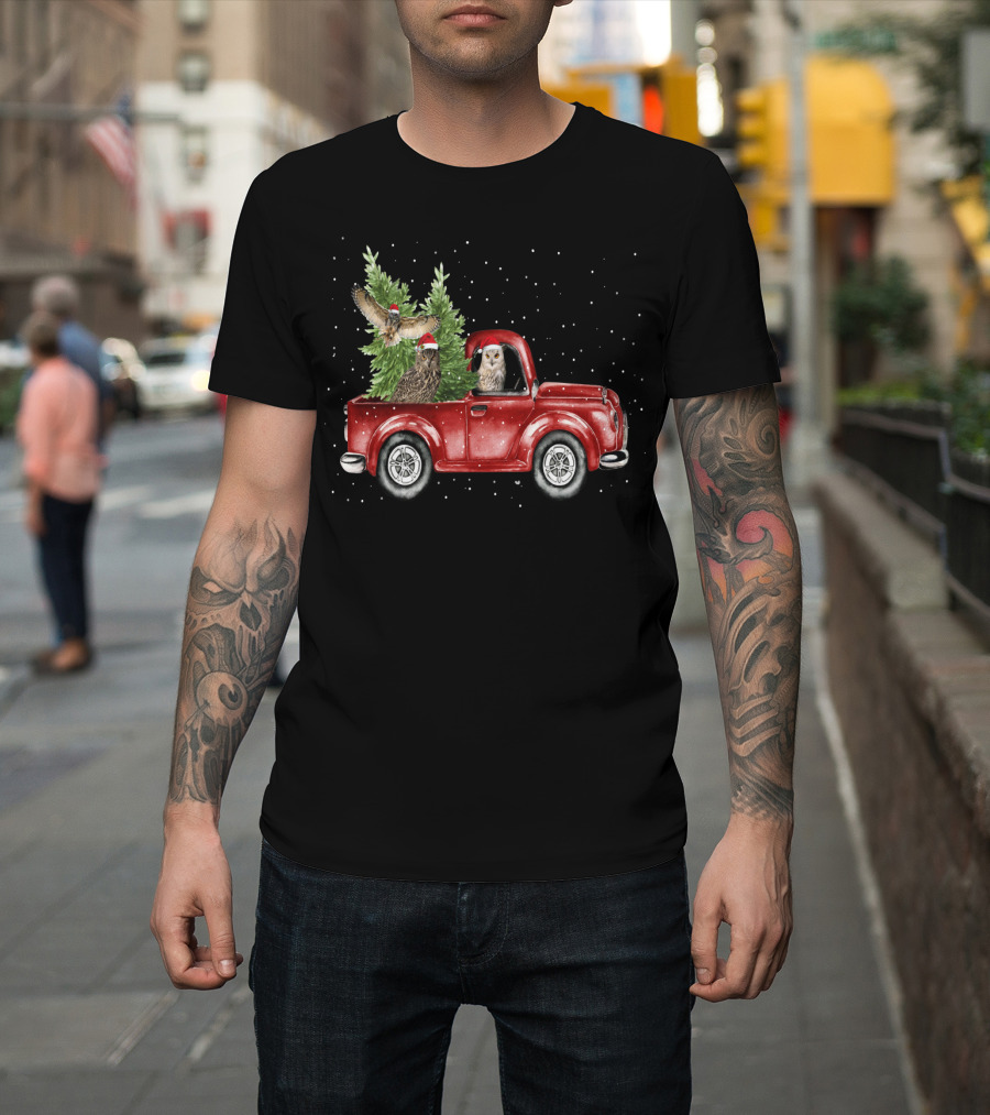 Owl Christmas Red Truck With Santa Hats And Tree T-Shirt