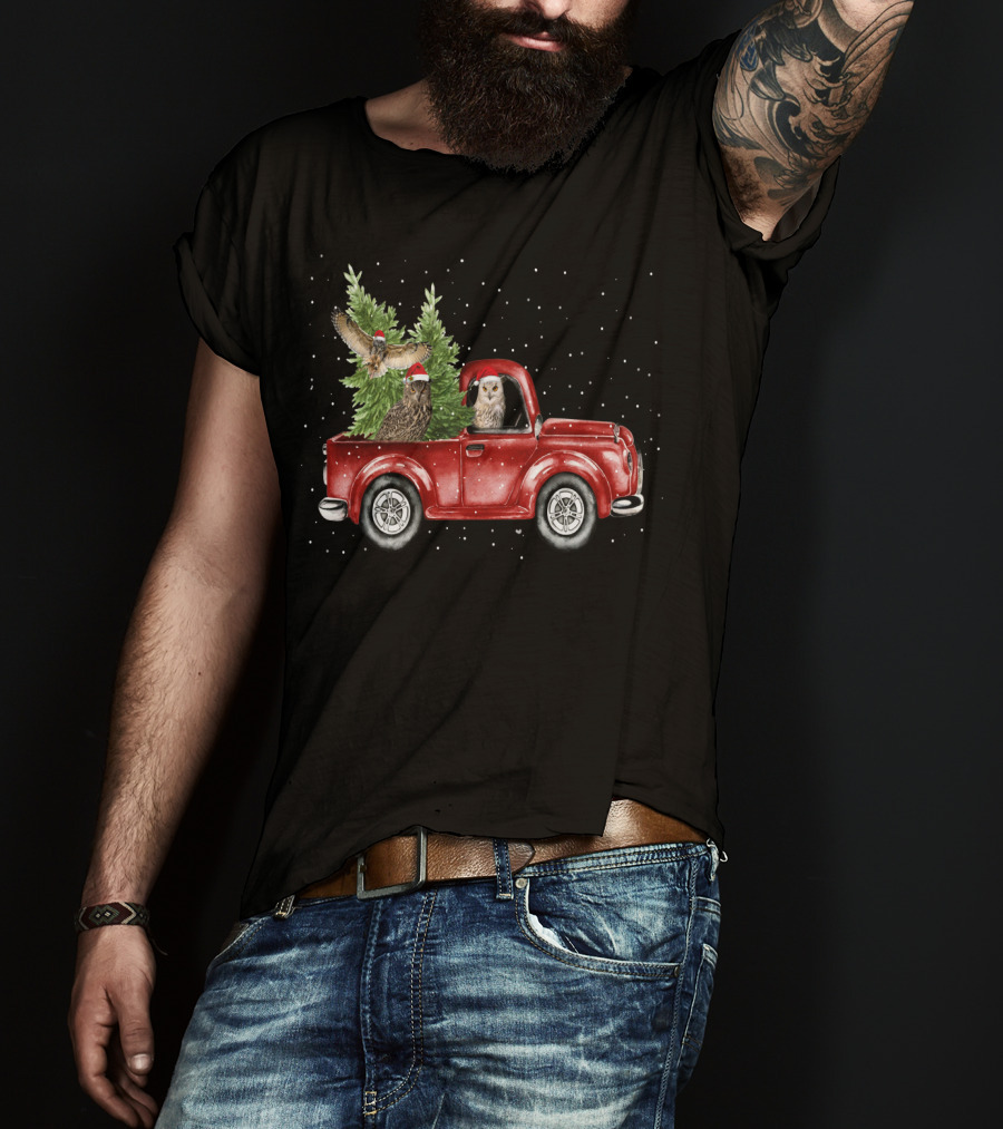 Owl Christmas Red Truck With Santa Hats And Tree T-Shirt