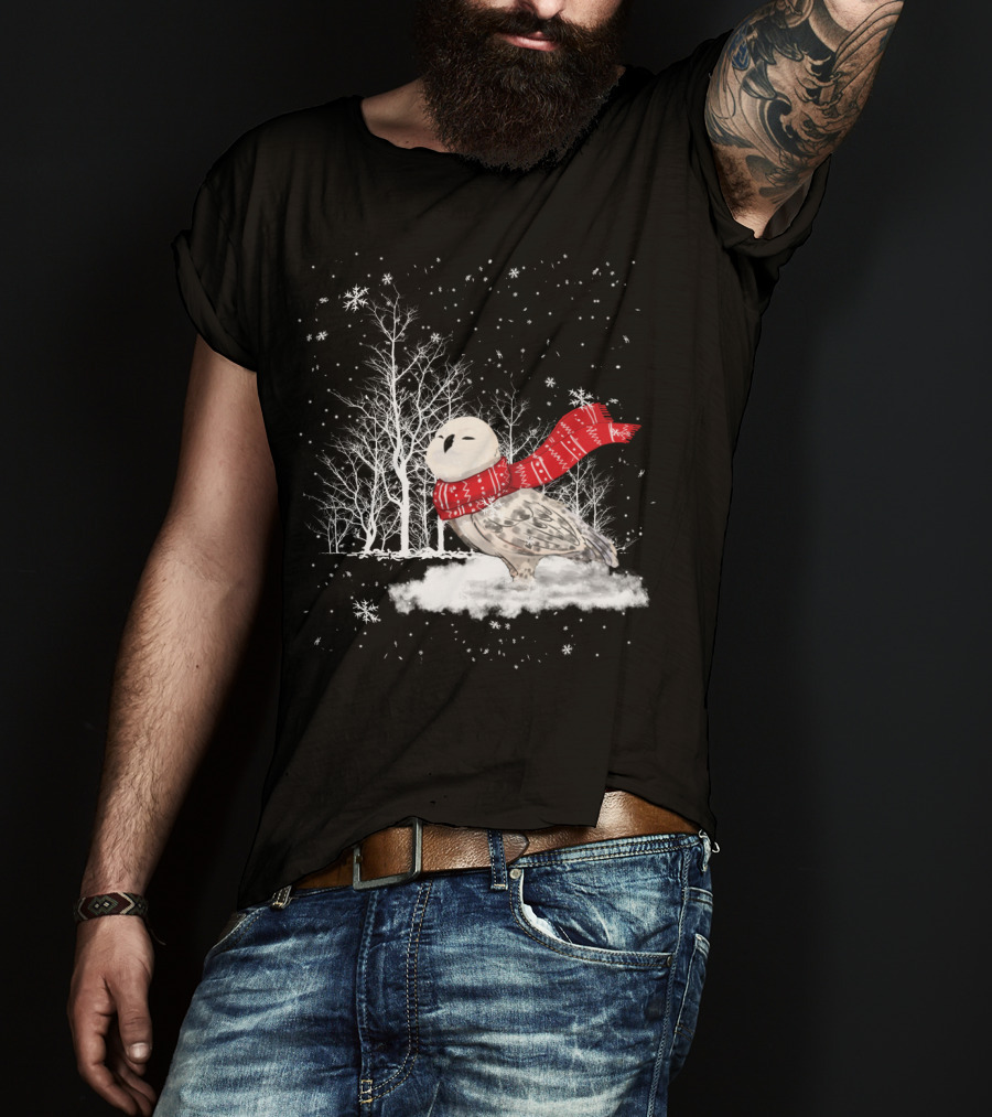 Snowy Owl Red Scarf Winter Scene T-Shirt