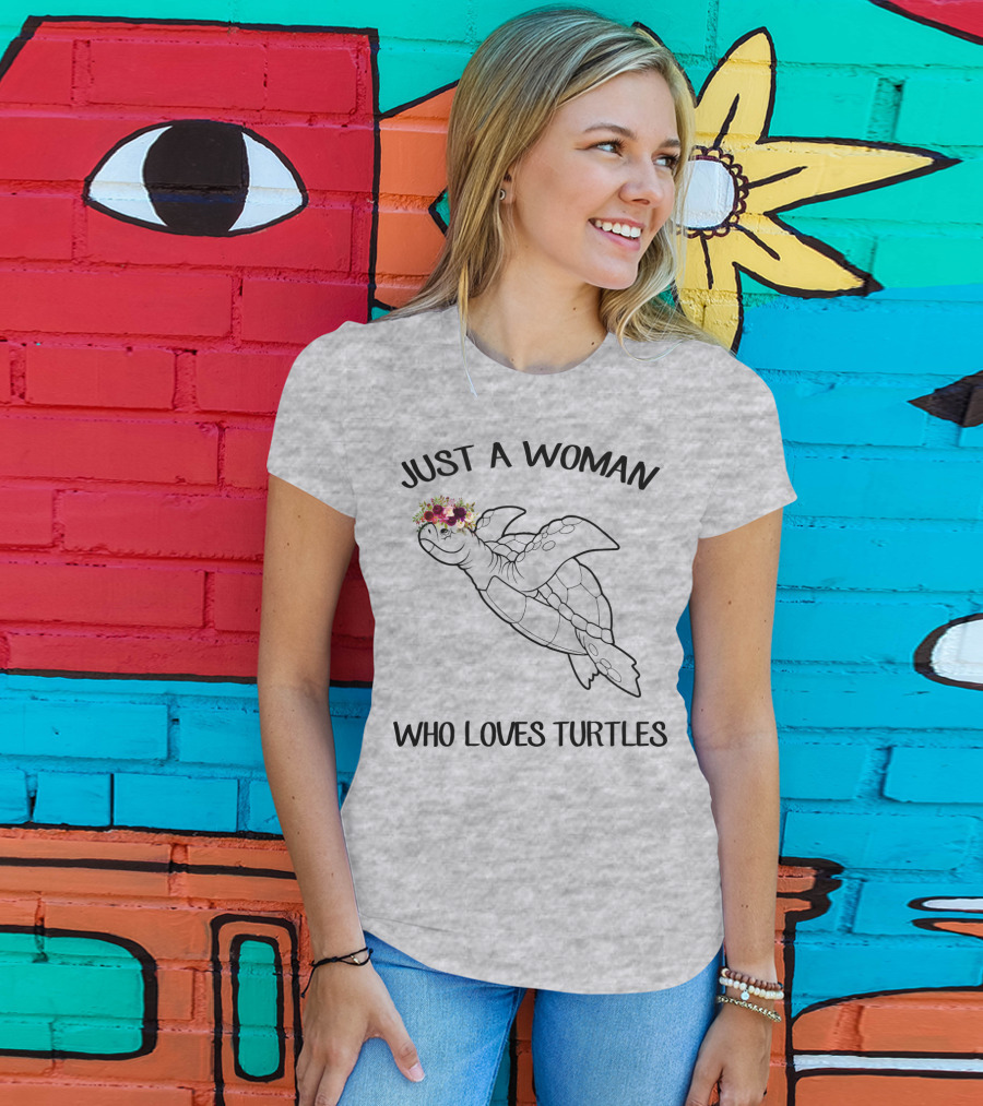 Just A Woman Who Loves Turtles With Floral Crown T-Shirt