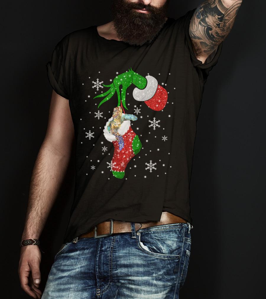 Grinch Christmas Turtle In Glittery Stocking With Snowflakes T-Shirt