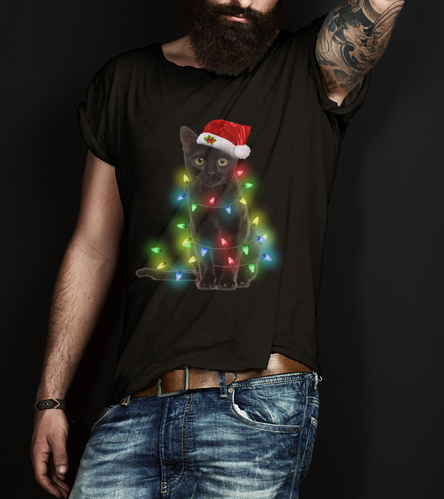 Cat Wrapped In Christmas Lights With Santa Hat T-Shirt