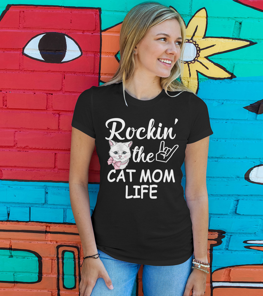 Rockin' The Cat Mom Life With Rock Hand And Pink Bow Cat T-Shirt