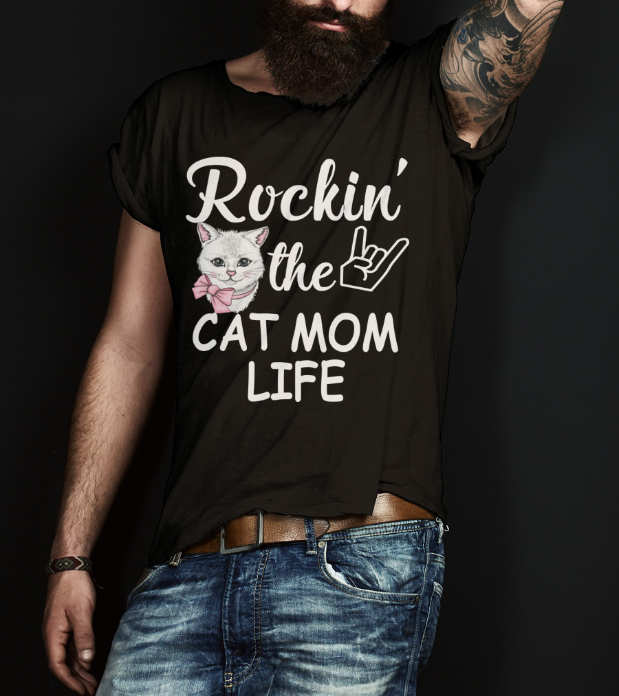 Rockin' The Cat Mom Life With Rock Hand And Pink Bow Cat T-Shirt