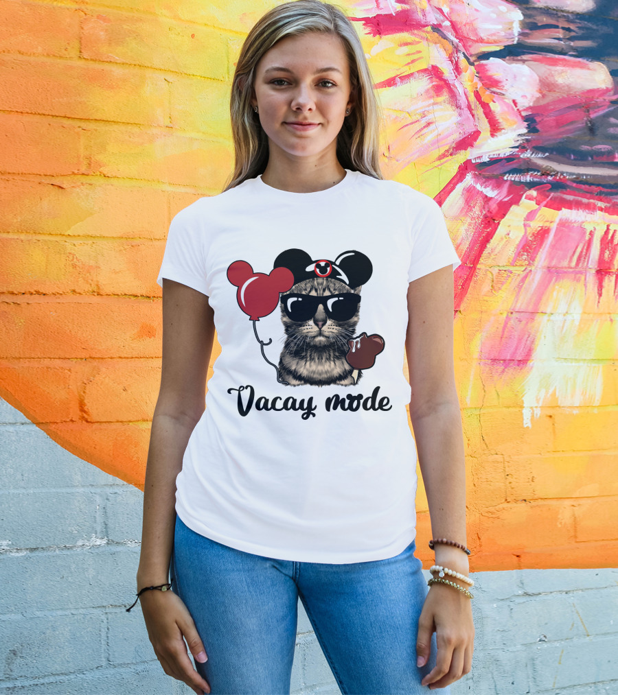 Vacay Mode Cat With Mouse Ears, Balloon, Sunglasses, Chocolate For Fans T-Shirt
