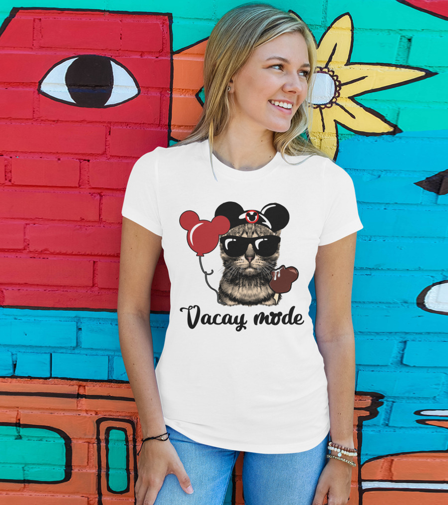 Vacay Mode Cat With Mouse Ears, Balloon, Sunglasses, Chocolate For Fans T-Shirt