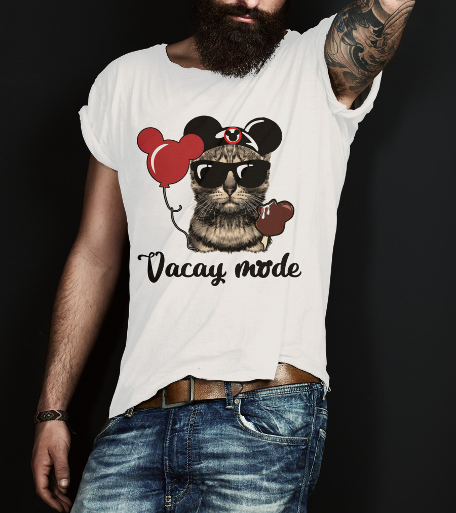 Vacay Mode Cat With Mouse Ears, Balloon, Sunglasses, Chocolate For Fans T-Shirt