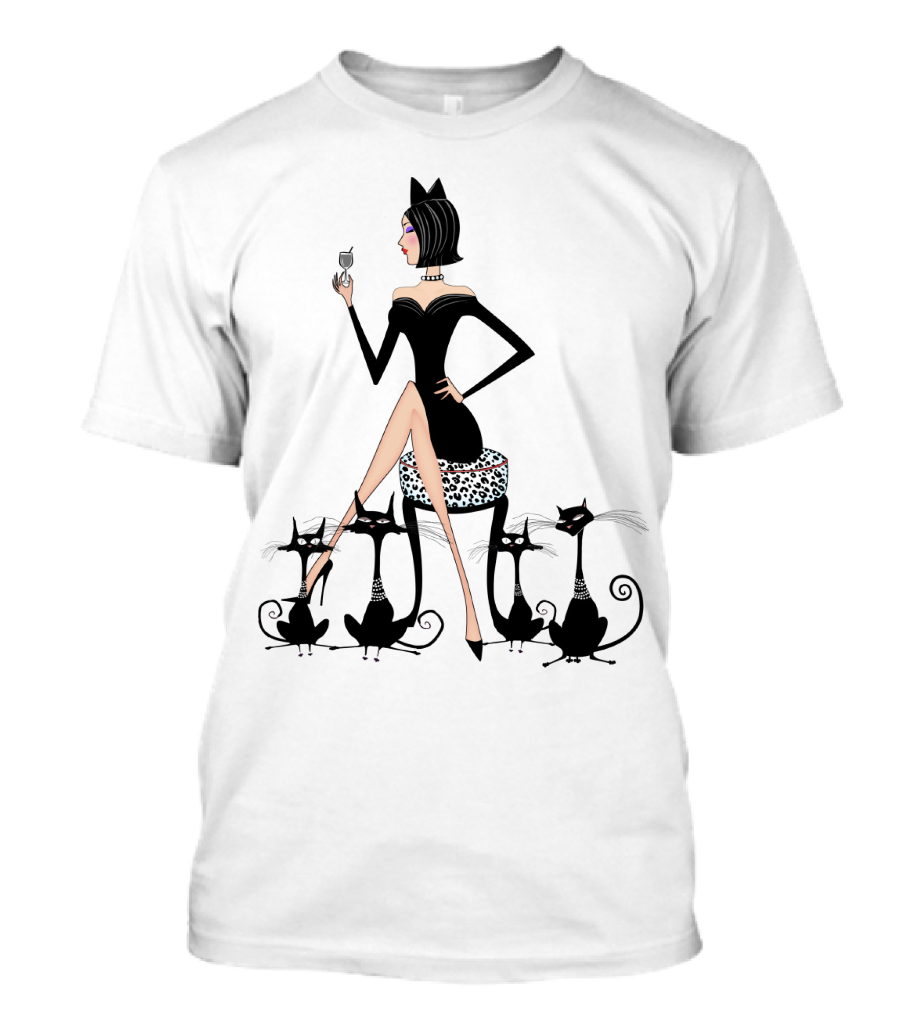 Stylish Cat Lady With Elegant Black Cats And Wine T-Shirt